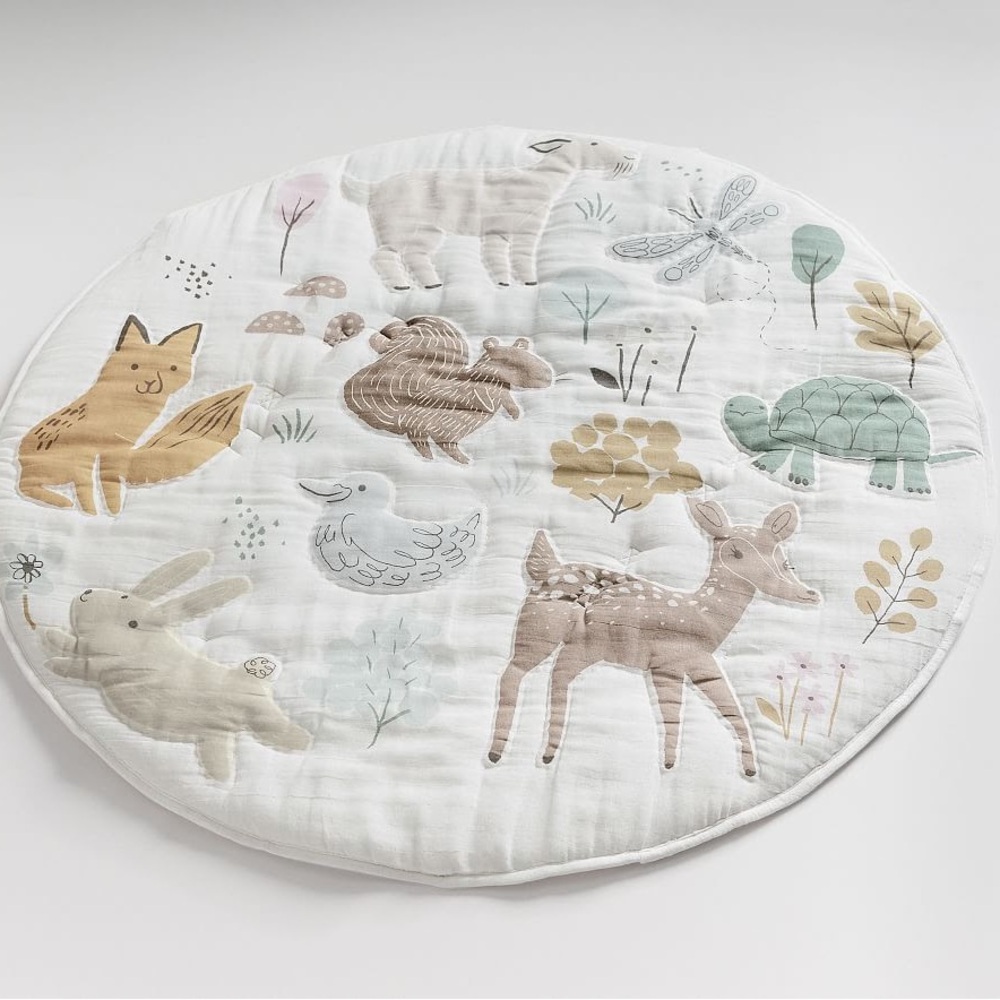 Pottery Barn Kids Woodland Animal Quilted Play Mat - White, Brown, Green, Yellow
